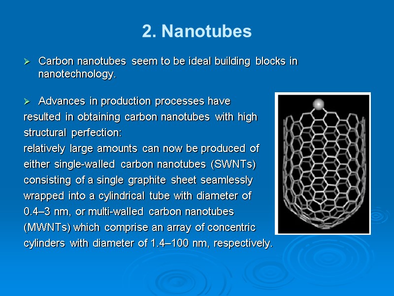 2. Nanotubes Carbon nanotubes seem to be ideal building blocks in nanotechnology.  